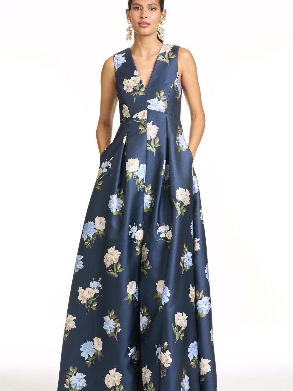 Sachin + Babi Navy Floral V-Neck Pleated Maxi Gown